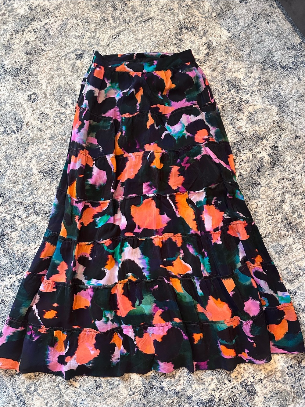 Anthropologie Black Tiered Maxi Skirt with Orange, Pink and Teal Abstract Print
